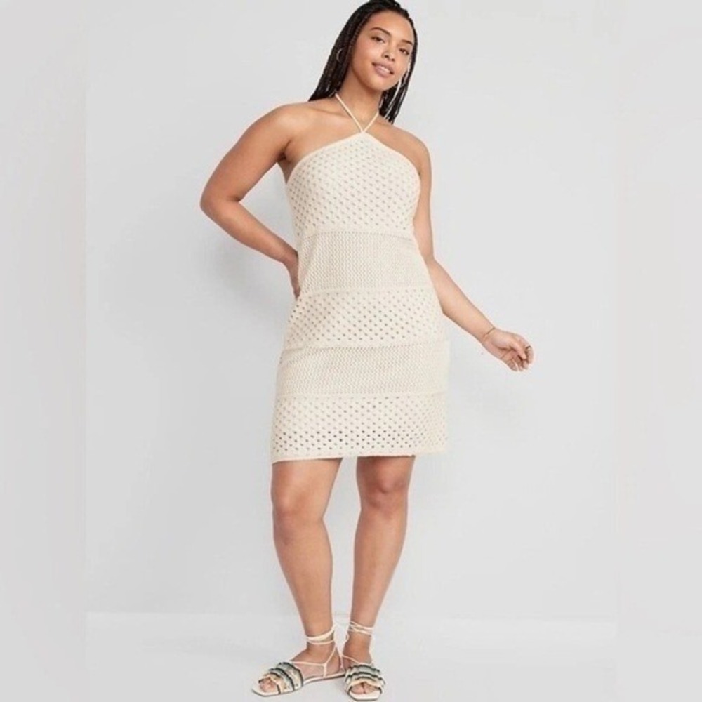 Old Navy Cream Halter‎ Neck Crochet Mini Dress Women's Sz M